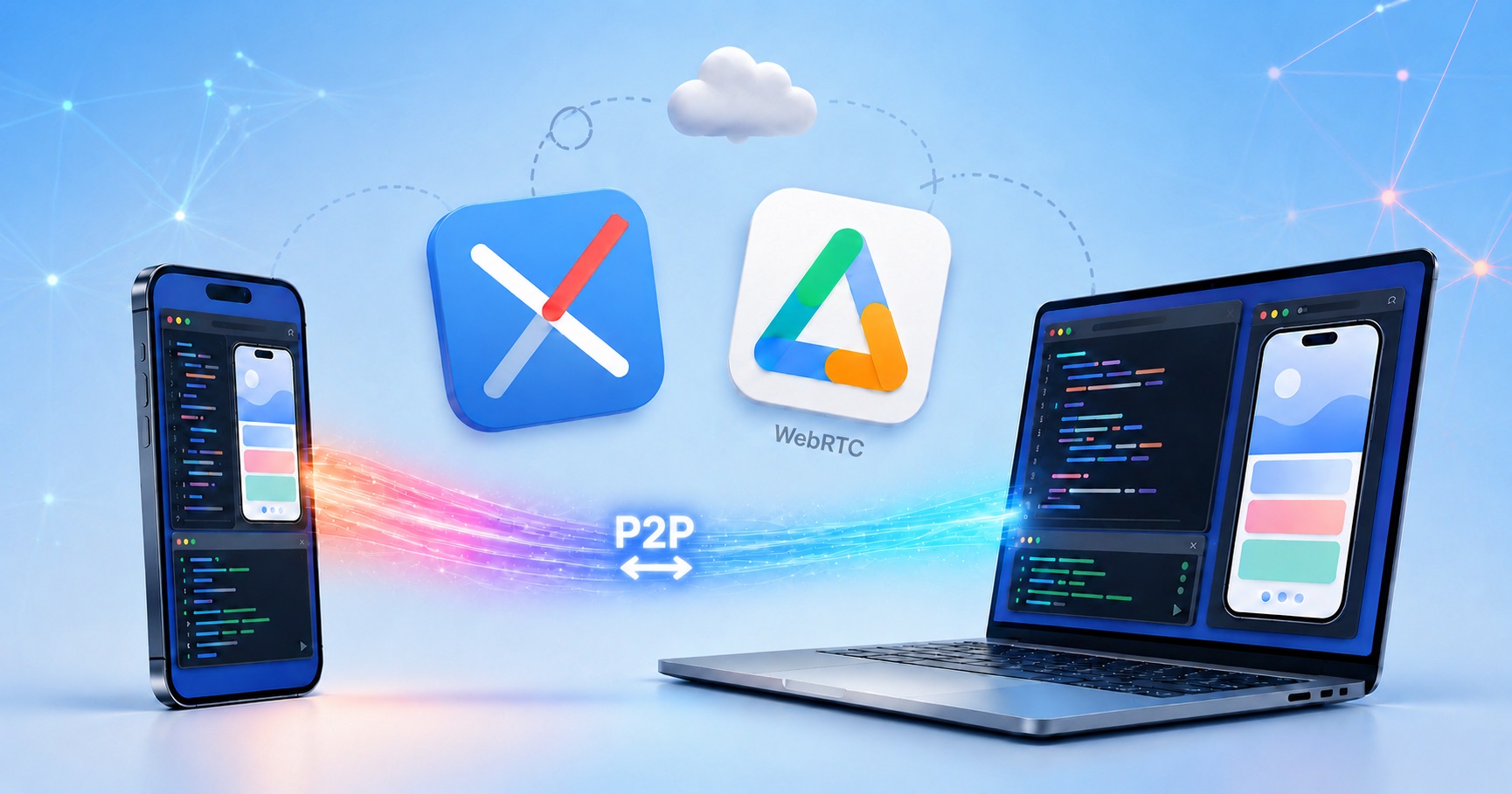 An iPhone and a MacBook facing each other, connected by a glowing peer-to-peer beam labeled P2P; the app's icon and a WebRTC icon float between them and a small cloud sits above, out of the data path.