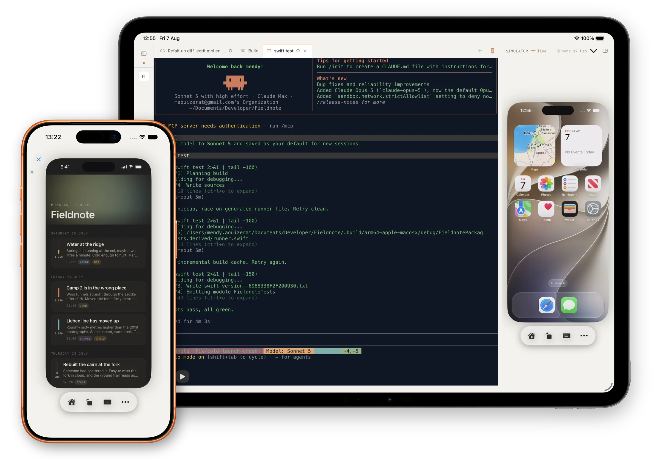 Xtend on iPad, a terminal session and the live Simulator side by side, with the same Simulator mirrored on an iPhone in front