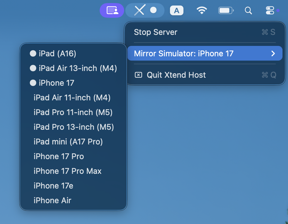 Xtend Host menu bar