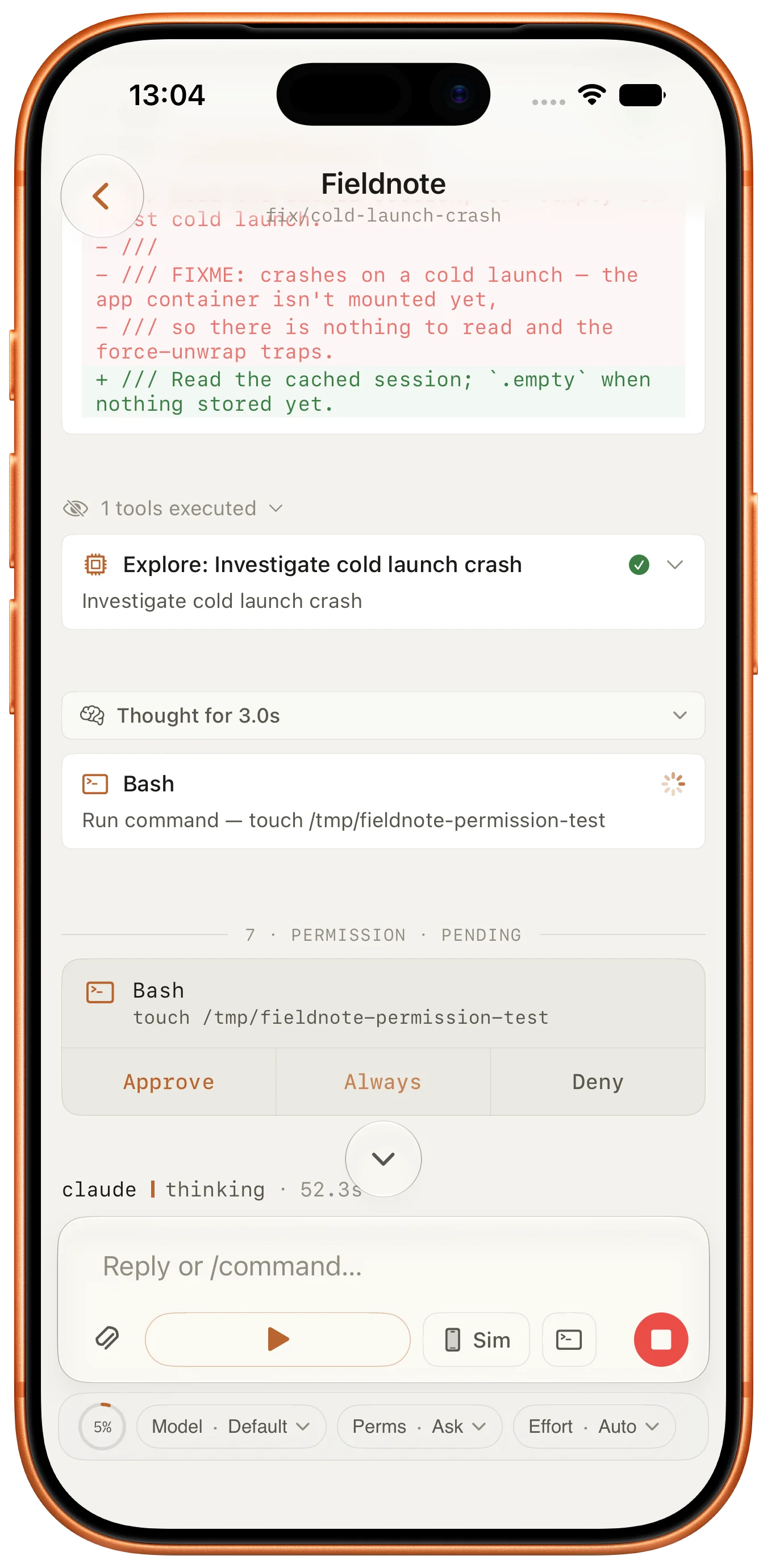 Chat session, streaming answer with tools and diff